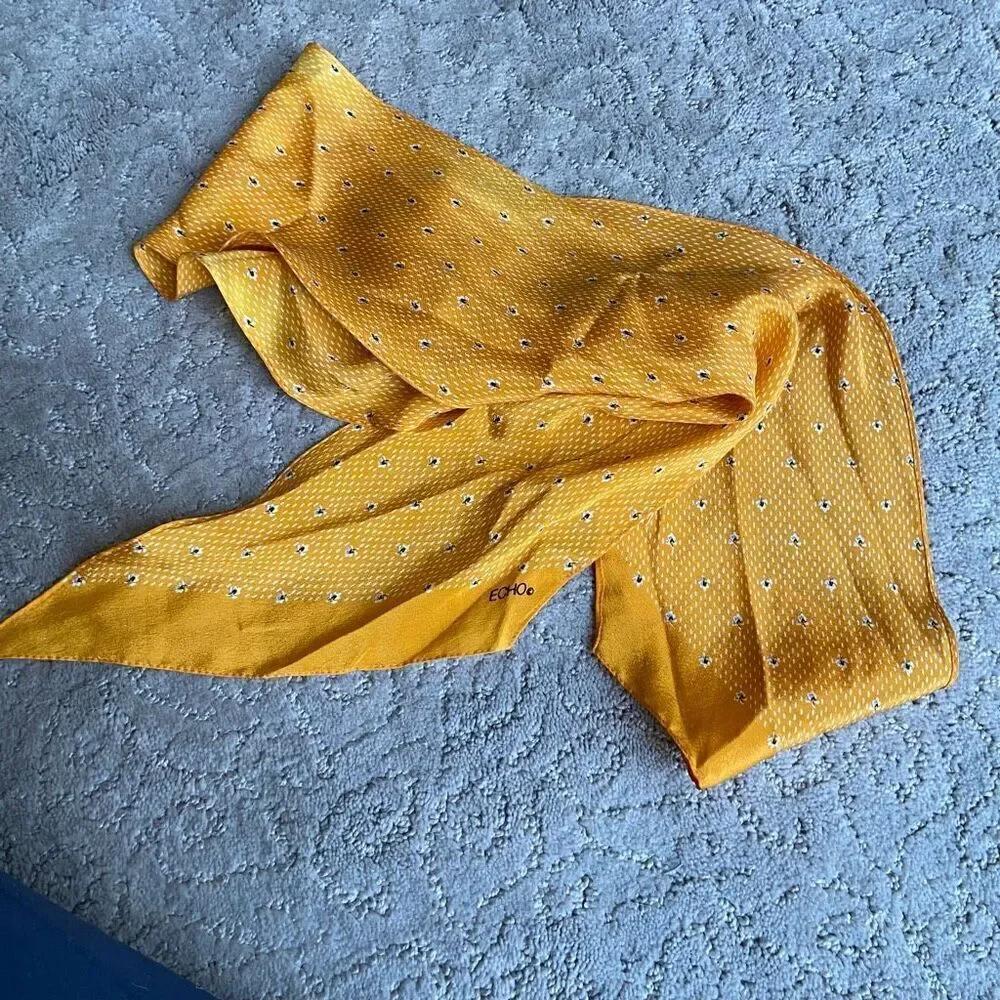 Vintage ECHO Oblong 100% Silk Scarf in Golden Color with Tiny Flower Details